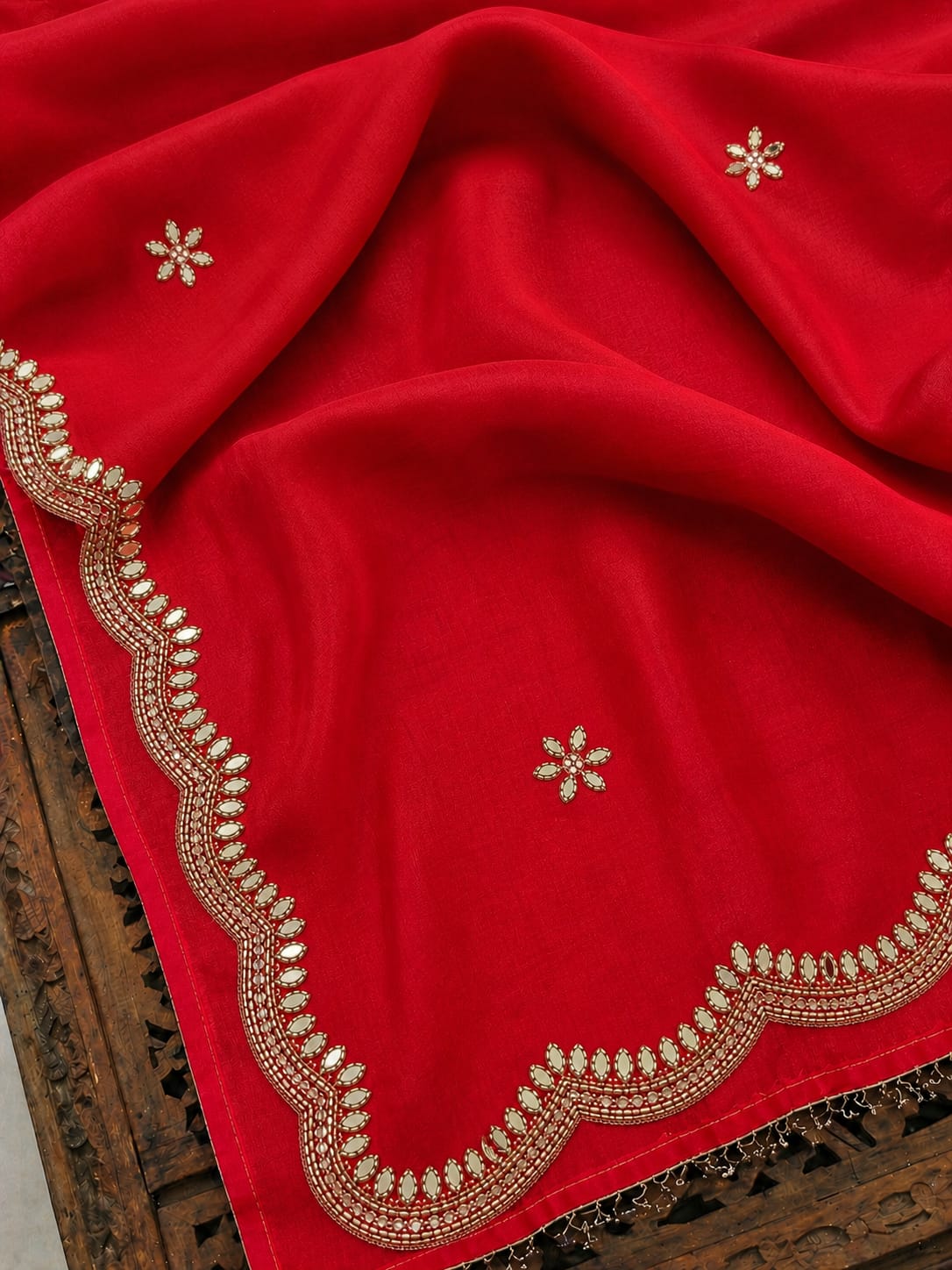 Red Mirror Work Saree