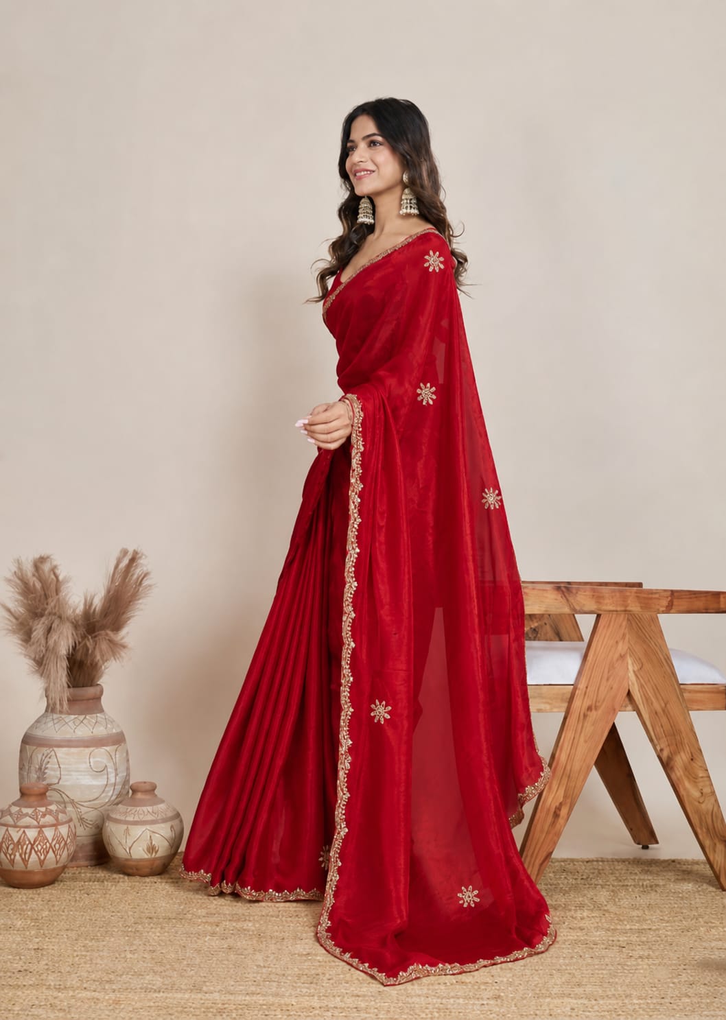 Red Mirror Work Saree